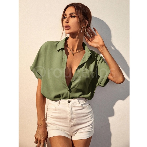 Green Casual Button Up / Down Shirt Collar, V-Neck Button Front - Picture 2 of 15